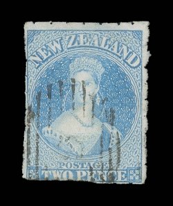2d. pale blue showing the roulettes virtually complete at top and largely so on the vertical sides, neatly cancelled 6 at Nelson trivial thin. Fine appearance and a rare
stamp. Sc. 8a group. S.G. 19 group, £3,500.
