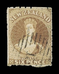 6d. brown with the roulettes intact at top and partially so on the other three sides, cancelled 15 at Nelson crease towards foot and two thin spots. Fine appearance for this
very rare stamp. R.P.S. Certificate (1953). Sc. 9a group S.G. 20 gro