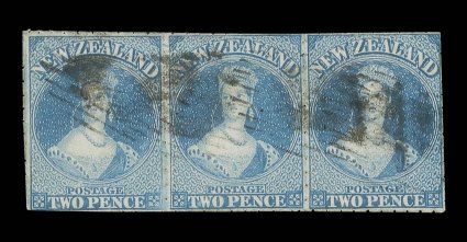 2d. blue, a horizontal strip of three with the roulettes intact between and largely present on all four sides, well-centered for a multiple of this size, indistinct
cancellations one stamp with a tiny surface abrasion, otherwise free from faults