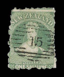 1- dull emerald-green, roulettes on all four sides, neatly cancelled 15 at center small thinning in one corner. Very fine appearance. R.P.S. Certificate (2000) incorrectly
classifying this as the blue-green shade. Sc. 10a S.G. 20a, £7,000.