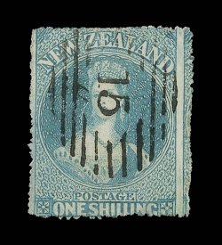 1- blue-green, a large example showing portion of adjoining stamp at right, serrates all round, crisply cancelled 15 at Nelson some thinning though of strong bright color and
of very fine appearance. Very rare. B.P.A. Certificate (1997). Sc.