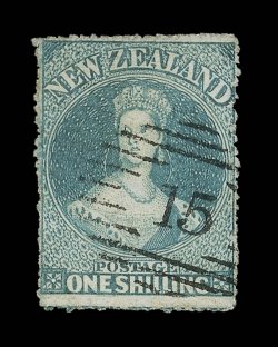 1- blue-green, serrates all round and crisply cancelled 15 at Nelson, good strong colour tiny pinhole, otherwise very fine and of superb appearance. Almost certainly one of
the finest examples of this very rare stamp available. B.P.A. Certifi