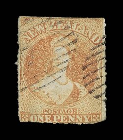 1d. dull orange, roulettes on three sides, neatly cancelled 7 at Wellington with a further part strike at right two small thins though of fine appearance for this rare stamp.
R.P.S. Certificate (1903). Sc. 7c S.G. 27, £4,750. provenance: