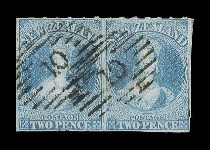 2d. blue, a horizontal pair with the roulettes intact between, on the vertical sides and at top, twice cancelled 10 at Wellington fine. A very rare and possibly unique
multiple. B.P.A. Certificate (1991). Sc. 8c S.G. 28, £6,500+. provenanc