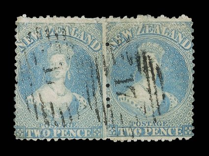 2d. pale blue, a horizontal pair each cancelled 17 at Christchurch the left-hand stamp with a natural diagonal crease, the pair with a few small defects at top. A great rarity
and almost certainly unique in a pair. R.P.S. Certificates (1934 an