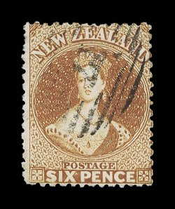 6d. pale brown, a bright shade with the perforations intact all round, so seldom the case with is delicate stamp, cancelled 17 and of very fine appearance. A very fine example
of this exceptionally rare stamp, only a handful examples of which e