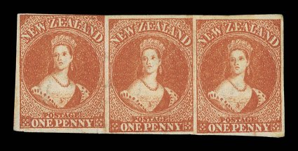 1d. vermilion, a horizontal strip of three in a rich shade, unused with part original gum, clear to very large margins nearly all round vertical crease between the first two
stamps just affecting the left-hand stamp. An attractive and very rare