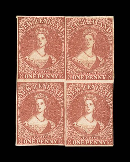1d. carmine-vermilion, a block of four with large part original gum, clear to large margins, fresh and fine. Scarce and most attractive. Odenweller (2006 as S.G. 34) and
R.P.S. (2007 as S.G. 35) Certificates. Sc. 11d S.G. 35, £1,300+. provena
