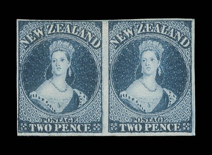 2d. deep dull blue, Plate I, a horizontal pair in a deep rich shade showing the full depth of the plate, unused without gum, good to large margins quite lovely and fully
demonstrating the great beauty of these stamps. R.P.S. Certificate (1989).