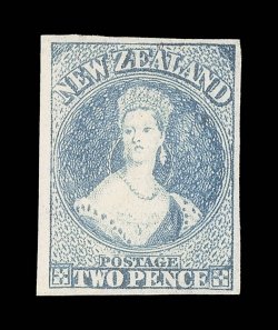 2d. pale blue, Plate I (worn), unused with large part original crackly gum, large to very large margins all round. A couple of vertical gum creases though a most attractive
example. B.P.A. Certificate (1995). Sc. 12g group S.G. 38, £550.