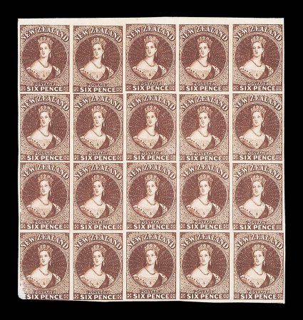 6d. red-brown, a marginal block of twenty (4x5) from the top of the sheet and with mainly good to large margins on the other three sides, fresh brilliant color, unused with
large part original gum the lower left stamp with some surface abrasion