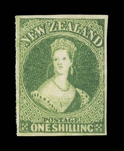 1- deep green, a strong woolly impression, unused with part original gum, large to very large margins and of very appearance. Signed Holcombe. Sc. 15d S.G. 46. provenance:
Antipodes, October 1988