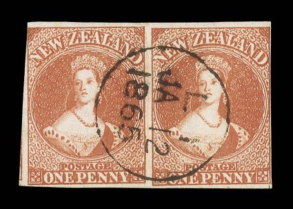 1d. orange vermilion, a horizontal pair neatly centrally cancelled with a superb strike of the Canterbury postal area l 1 c.d.s. for 12 January 1865, just clear to very large
margins showing trace of adjoining stamp at left small scissor-c