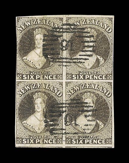 6d. black-brown, a block of four in an attractive shade towards brown, good to very large margins nearly all round showing traces of adjoining stamps at foot, each horizontal
pair neatly cancelled 16 at Nelson the left-hand pair with a vertica