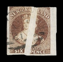 6d. light red-brown showing large pre-printing paper fold, 3mm. sheet margin at right and with large to very large margins at foot and at left, close or touched at top, neatly
cancelled c21 at Hokitika small teat at top a spectacular exa