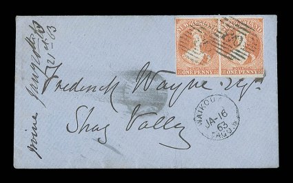 1863 (Jan.) envelope from Hampden to Shag Valley, bearing 1d. orange-vermilion horizontal pair with clear to very large margins and each clearly cancelled 03 in oval of bars,
showing largely fine Waikouaiti transit c.d.s. (16.1) and with smudgy
