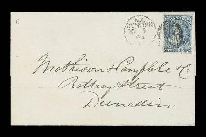 1864 (2 May) entire from Dunedin addressed locally, bearing 2d. pale blue, Plate I (worn), clear to very large margins and neatly cancelled with otago duplex fine. Sc. 12g
S.G. 38.