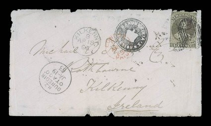 1863 (Jan.) envelope from Manuherekia Junction to Ireland, bearing 6d. black-brown (margins in places) twice cancelled 024 in oval of bars and showing a very fine strike of
the manuherekiaCrownjunction n.z. intaglio mail bag sea