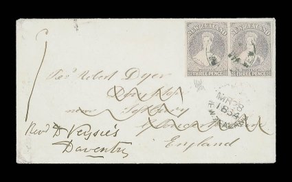 1864 (26 Mar.) envelope rom Mahurangi to Tetbury, bearing 3d. brown-lilac pair with good to very large margins and neatly cancelled with a light central strike of the
mahuranginew zealand c.d.s. (an early date), upon arrival redirected t