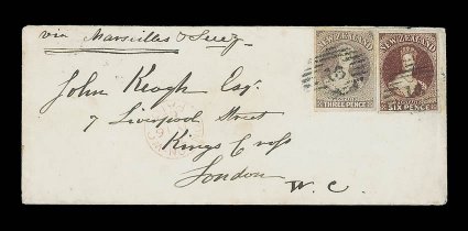 1863 (13 May) envelope from Lyttelton via Marseilles & Suez to London, bearing 3d. brown-lilac and 6d. red-brown, both with good to large margins, each neatly cancelled 16,
London Paid arrival c.d.s. (16.7) on face, despatch c.d.s. on rev