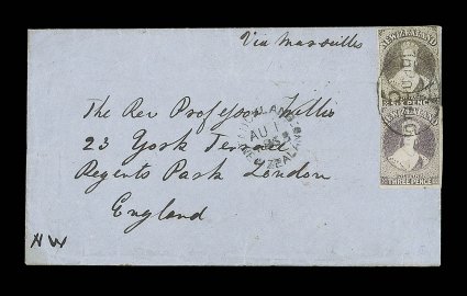 1863 (1 Aug.) envelope from Otahuhu to London, bearing 3d. brown-lilac and 6d. brown with large margins in places, neatly cancelled and sharing a fine strike of the
oval-framed 5otahuhua handstamp and with Auckland transit c.d.s. (1.8) at