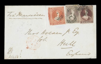 1863 (31 Oct.) envelope from Auckland to Hull, bearing 1d. vermilion with large to enormous margins showing large portion of adjoining stamp at left, 3d. brown-lilac with good
to large margins (small light mark at top) and 6d. red-brown with thre