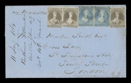 1864 (12 Jan.) ¼oz.-½oz. entire letter from Wellington to London, bearing 2d. pale blue, Plate 1 (worn) and 6d. brown horizontal pairs, both with margins in places, and 6d,
brown single with four margins or margins in places and thrice cancelled