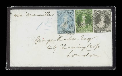 1864 (9 Aug.) double rate 1oz. mourning envelope from New Plymouth to London, bearing 2d. pale blue Plate 1 (worn) with good to large margins, 6d. black-brown and 1- green,
both with two or more margins, all cancelled 6 and with manuscript 