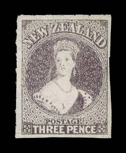 3d. brown-lilac, unused without gum, fresh bright color for this delicate-colored stamp, roulettes complete and inside design at foot, and with roulettes on two other sides.
An outstanding example of this rare stamp. R.P.S. (1951) and B.P.A. (199