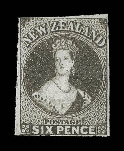 6d. black-brown, unused without gum, roulettes, or traces thereof, on all sides. A very fine and attractive example. Holcombe Certificate (1993). Sc. 14c group S.G. 53,
£3,250.
