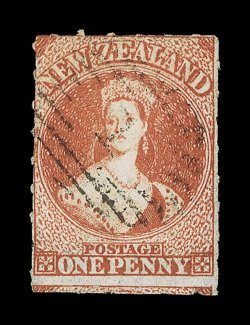 1d. orange-vermilion, a large and well-centered example, roulettes on three sides and showing portion of adjoining stamp at foot, neatly cancelled 1 at Auckland very fine. Sc.
11c group S.G. 47, £800. provenance: Harry Lacoste Bartrop