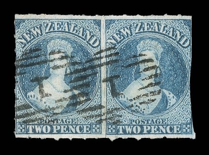 2d. blue, a horizontal pair with roulettes on three sides and imperforate at right, twice neatly cancelled 1 at Auckland some roulette separation between at foot. A fine and
very rare multiple. Sc. 12c S.G. 49 group, £950+. provenance: