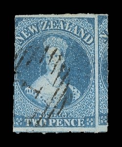 2d. deep blue, a large example showing portion of adjoining stamp at right and with roulettes on all four sides, neatly cancelled 1 at Auckland trace of a corner crease at
upper right corner, otherwise fine and of superb appearance. R.P.S. Cer