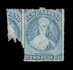 2d. pale blue with irregular-shaped portion of adjoining stamp at left, roulettes all round, lightly cancelled 6 at New Plymouth a couple of small imperfections otherwise an
exceptional example. R.P.S. Certificate (1939). Sc. 12c group S.G. 5