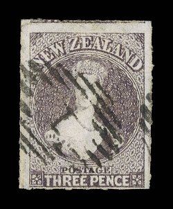3d. brown-lilac, a large example showing trace of adjoining stamp at foot, traces of roulettes on all sides, clearly cancelled 1 at Auckland, a fine example of this rare
stamp. R.P.S. Certificate (1930). Sc. 13c S.G. 52, £750. provenance: