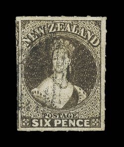 6d. black-brown with small portion of adjoining stamp at left, roulettes on all sides. An attractive example. B.P.A. Certificates (1958 and 1994). Sc. 14c group S.G. 53,
£475.