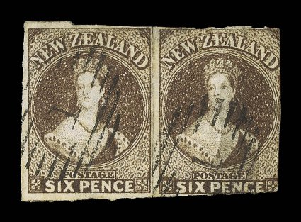 6d. brown, a horizontal pair with roulettes at top virtually intact and inside the design of the left-hand stamp, at left and partially at foot, each clearly cancelled 1 at
Auckland the right-hand stamp with faults though a very rare multiple.