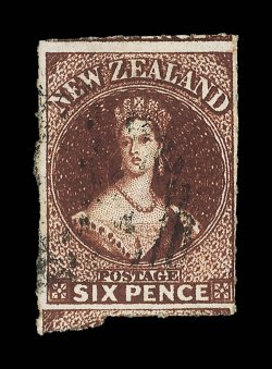 6d. red-brown, a large example showing portions of adjoining stamps at top and at foot, deep bright color and lightly cancelled very fine and most attractive. B.P.A.
Certificate (1990). Sc. 14c S.G. 55, £475. provenance: H. Gordon Kaye,