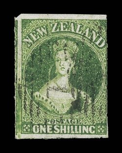 1- yellow-green, a large example showing portion of adjoining stamp at left and roulettes on three sides, neatly cancelled 1 at Auckland slight creasing though of very fine
appearance. B.P.A. Certificate (1990). Sc. 15c S.G. 57, £850. pro