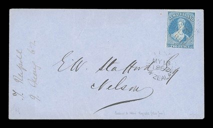 1862 (9 May) envelope from Auckland to Nelson, bearing 2d. deep blue showing roulettes nearly all round, lightly cancelled and tied by numeral 1 and with arrival c.d.s. (13.5)
below the adhesive, despatch c.d.s. on reverse the envelope with tw
