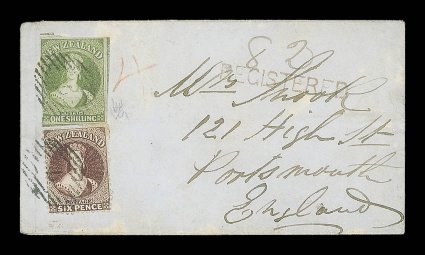 1865 (2 Feb.) envelope registered from Wellington to Portsmouth, bearing a large 1- green showing portions of three adjoining stamps, in combination with 1864-67 perf. 12½ 6d.
red-brown, both clearly cancelled 7 and with fine straight-line 