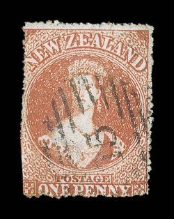 1d. orange-vermilion with serrates nearly all round, good color for this delicate-shaded stamp, neatly cancelled 15 at Nelson. A fine example of this rare stamp. R.P.S.
Certificate (1934). Sc. 11b S.G. 59, £2,250.