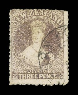 3d. brown-lilac clearly serrated all round, most unusually cancelled with neat part Drury c.d.s. leaving clear profile small thin at left and slightly faded though most
attractive and appealing. R.P.S. Certificate (2000). Sc. 13b S.G. 62, £1,70