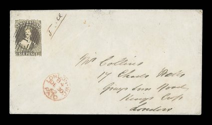 1862 (25 Aug.) envelope from Nelson to London, bearing 6d. black-brown with serrates on three sides, neatly cancelled 15 and with London paid c.d.s. (30.12) in red below, the
reverse (part flap missing) with superb despatch c.d.s. A very rare s