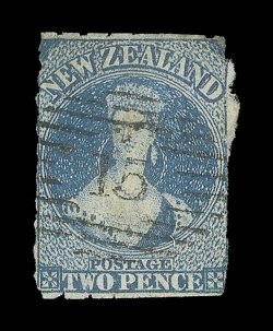 2d. deep blue with pin-perforations in places, neatly cancelled 15 at Nelson small thins though of good appearance. A very rare stamp. R.P.S. Certificate (2000). Sc. 12a S.G.
66, £3,000.