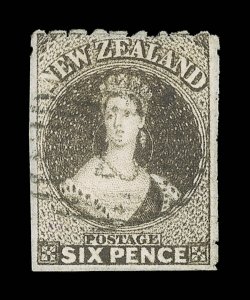 6d. black-brown, a well-centered example with pin-perforations at top and traces thereof at right, neatly cancelled 1 at Auckland some thinning though of fine appearance. An
attractive example of this very rare and seldom seen stamp. B.P.A. (u