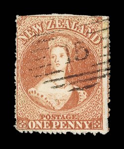Y Roulette 18 at Nelson Used 1d. orange-vermilion with serrates on all sides, being inside the design at top, neatly cancelled 15 at Nelson. A fine and rare stamp. R.P.S.
Certificate (2000). Sc. 11b group S.G. 67d, £2,500. provenance: