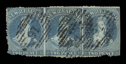 2d. deep blue, a horizontal strip of three with serrates on three sides, imperforate between and at right, each clearly cancelled 16 at Port Victoria paper a little toned
though of good appearance. An exceptionally and almost certainly unique