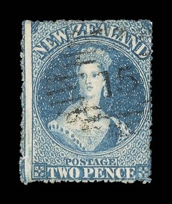 2d. deep blue with roulettes on all sides, neatly cancelled 15 at Nelson small split at lower left side, otherwise a sound example of this rare stamp. R.P.S. Certificate
(2000). Sc. 12b group S.G. 67e, £1,900. provenance: Major Henry