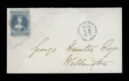 1862 (15 June) envelope from Nelson to Wellington, bearing a huge example of the 2d. deep blue showing traces of three adjoining stamps and neatly cancelled 15,
pencil-assisted arrival c.d.s. (15.6) towards right side), despatch c.d.s. on flap